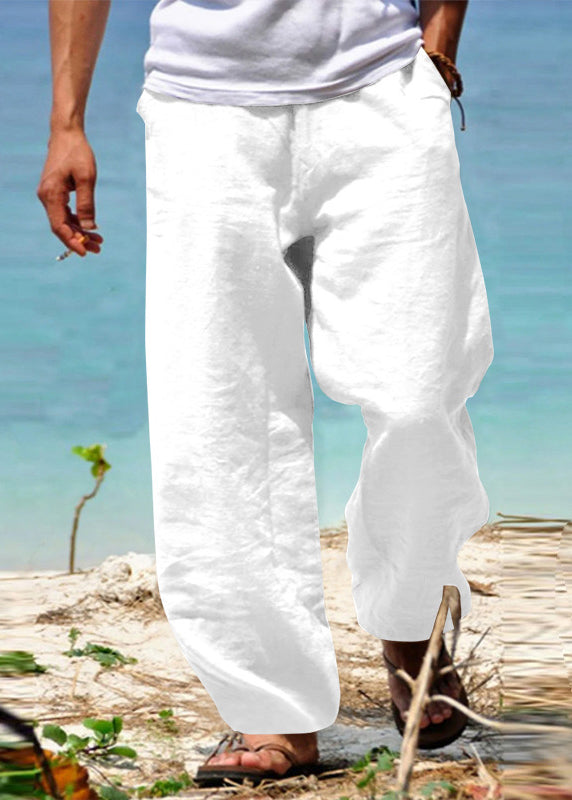 Simple Green Pockets Cotton Pants Summer