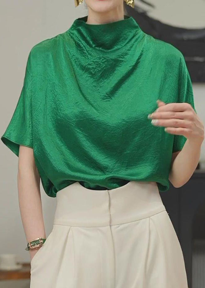 Simple Green Turtleneck Cotton T Shirt Short Sleeve
