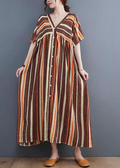 Simple Green Striped V Neck Patchwork Cotton Linen Long Dress