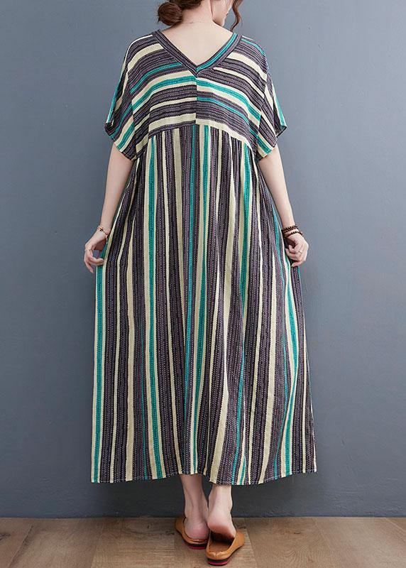 Simple Green Striped V Neck Patchwork Cotton Linen Long Dress