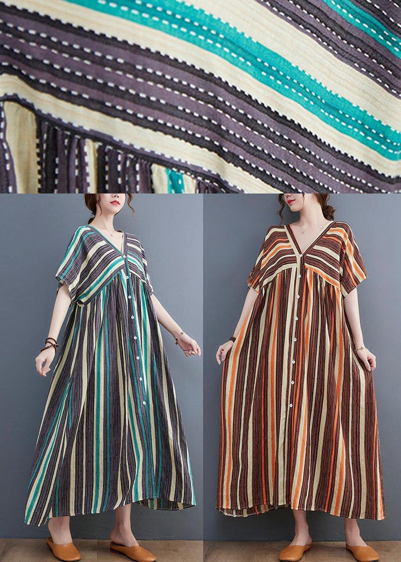 Simple Green Striped V Neck Patchwork Cotton Linen Long Dress