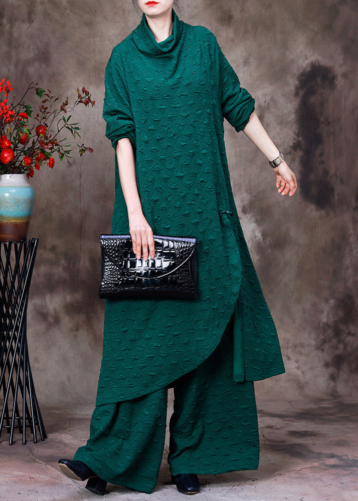 Simple Green Turtleneck Asymmetrical Silk Top and Wide Leg Pants Two Piece Set Fall