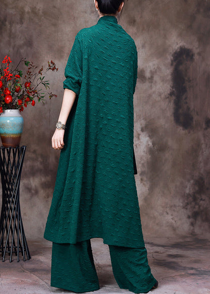 Simple Green Turtleneck Asymmetrical Silk Top and Wide Leg Pants Two Piece Set Fall
