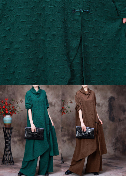 Simple Green Turtleneck Asymmetrical Silk Top and Wide Leg Pants Two Piece Set Fall