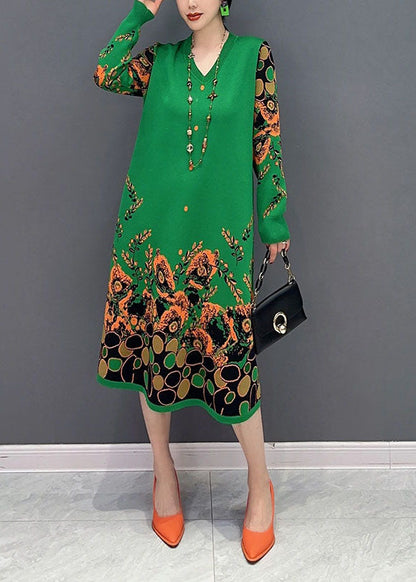 Simple Green V Neck Print Knit a Line Dress Spring
