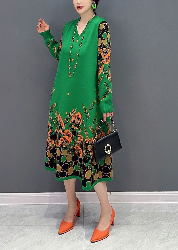 Simple Green V Neck Print Knit a Line Dress Spring
