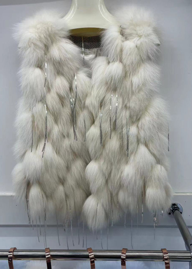 Simple Green V Neck Tassel Leather and Fur Waistcoat Winter