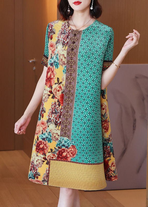 Simple Green Yellow O-neck Wrinkled Print Silk Holiday Dress Short Sleeve