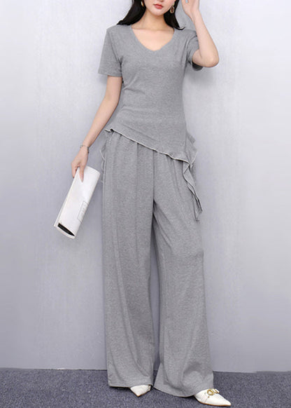 Simple Grey Asymmetrical T Shirts and Wide Leg Pants Cotton Two Piece Set Summer