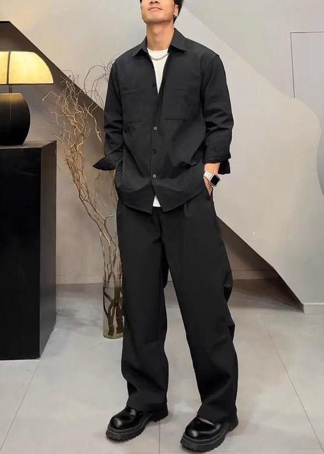 Simple Grey Button Shirts and Pants Cotton Two Piece Set Fall
