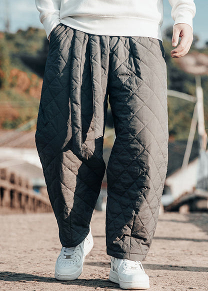 Simple Grey Lace Up Elastic Waist Cotton Filled Crop Pants Winter