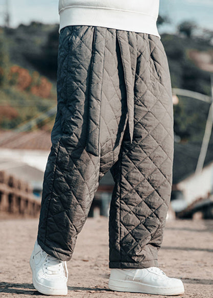 Simple Grey Lace Up Elastic Waist Cotton Filled Crop Pants Winter