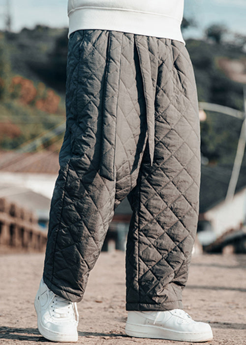 Simple Grey Lace Up Elastic Waist Cotton Filled Crop Pants Winter