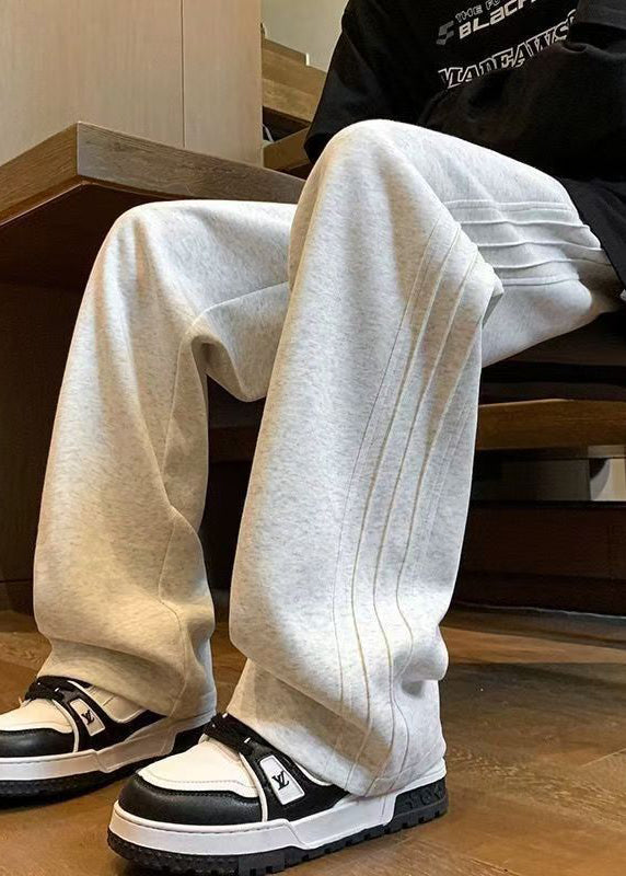 Simple Grey Lace Up Elastic Waist Warm Fleece Pants Spring
