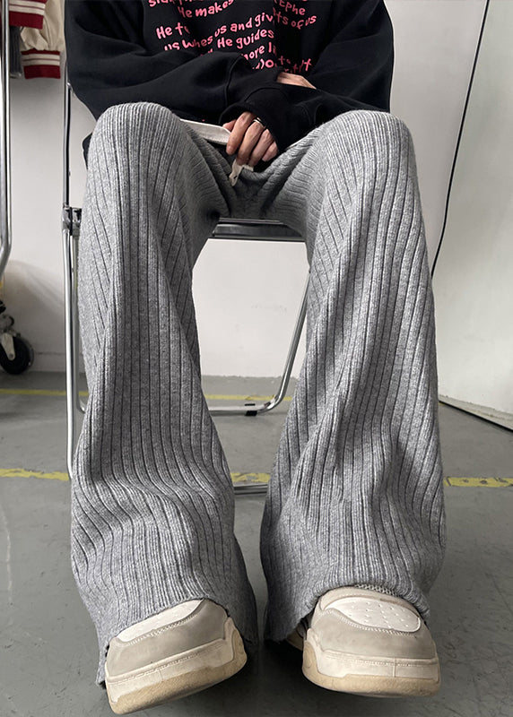 Simple Grey Lace Up Warm Fleece Flare Bottoms Pants Spring