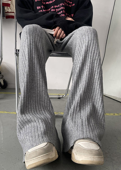 Simple Grey Lace Up Warm Fleece Flare Bottoms Pants Spring