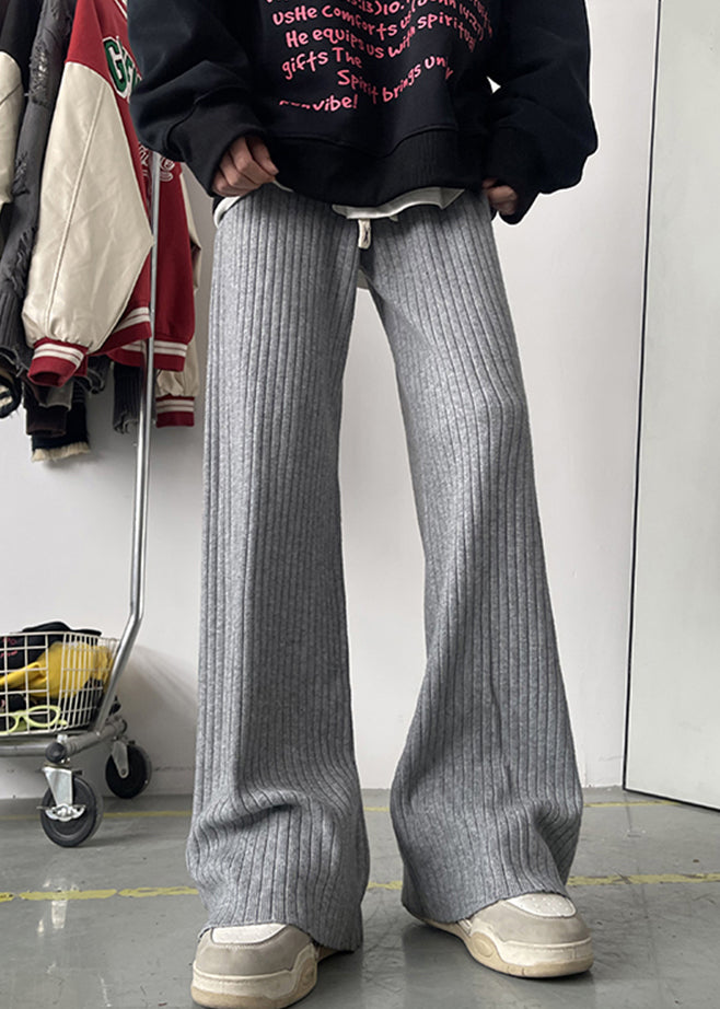 Simple Grey Lace Up Warm Fleece Flare Bottoms Pants Spring