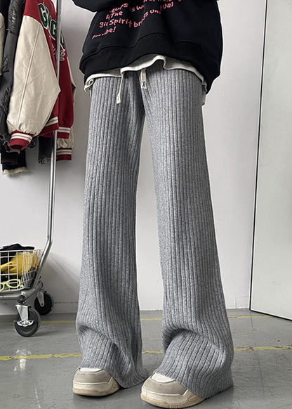 Simple Grey Lace Up Warm Fleece Flare Bottoms Pants Spring
