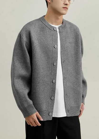 Simple Grey O Neck Button Knit Coats Spring