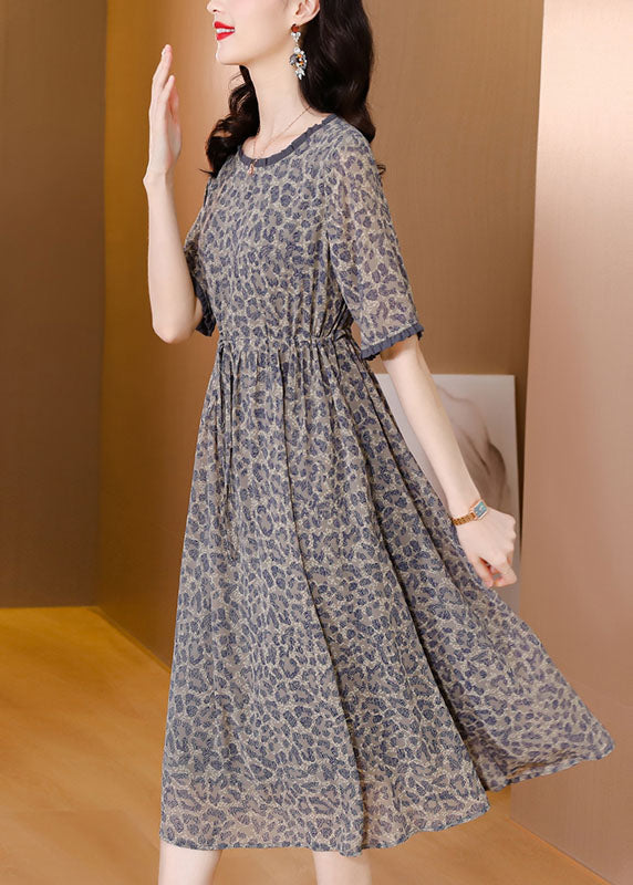 Simple Grey O-neck Leopard Print Tie Waist Silk Cinch Dresses Short Sleeve
