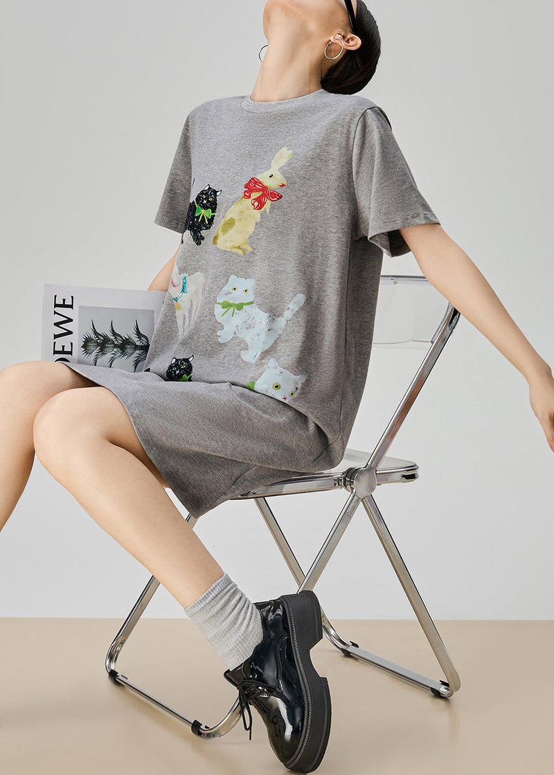 Simple Grey O Neck Print Cotton T Shirt Dress Summer