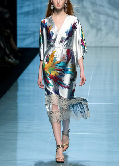 Simple Grey Phoenix Print Patchwork Lace Dress Summer
