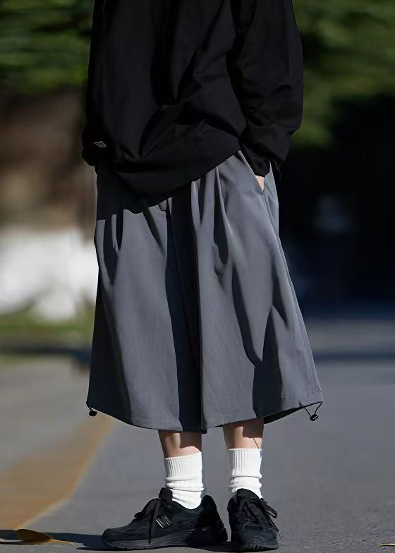 Simple Grey Pockets Drawstring Ice Silk Crop Pants Summer