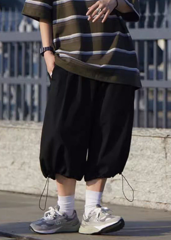 Simple Grey Pockets Drawstring Ice Silk Crop Pants Summer