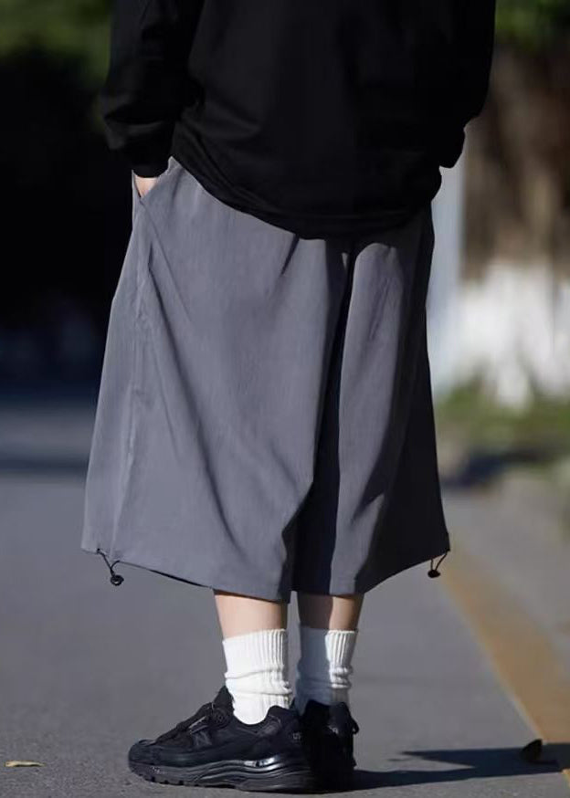 Simple Grey Pockets Drawstring Ice Silk Crop Pants Summer