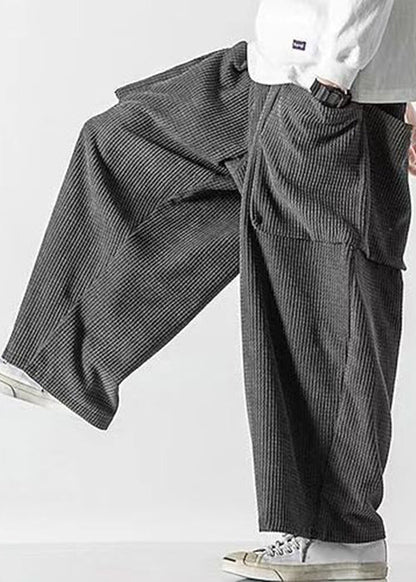 Simple Grey Pockets Elastic Waist Corduroy Wide Leg Pants Fall