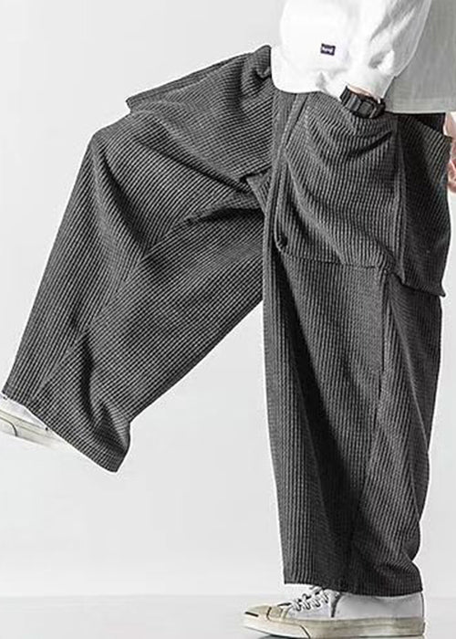 Simple Grey Pockets Elastic Waist Corduroy Wide Leg Pants Fall