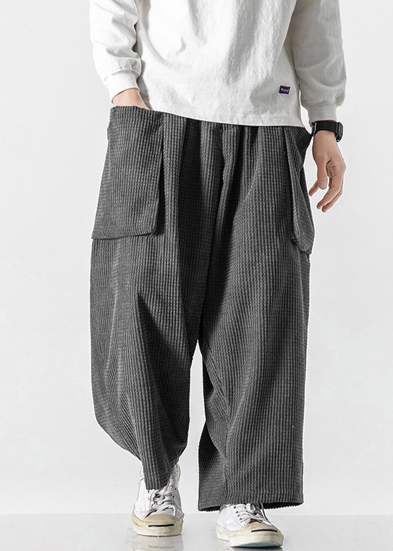 Simple Grey Pockets Elastic Waist Corduroy Wide Leg Pants Fall