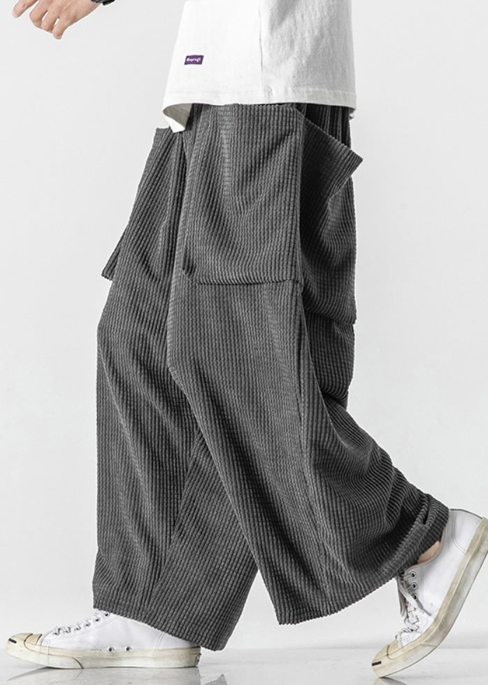 Simple Grey Pockets Elastic Waist Corduroy Wide Leg Pants Fall