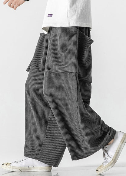 Simple Grey Pockets Elastic Waist Corduroy Wide Leg Pants Fall