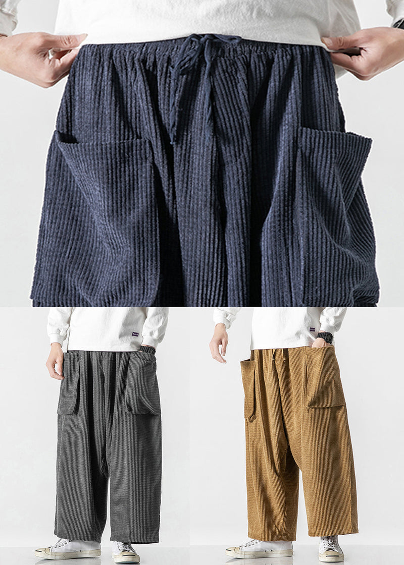 Simple Grey Pockets Elastic Waist Corduroy Wide Leg Pants Fall