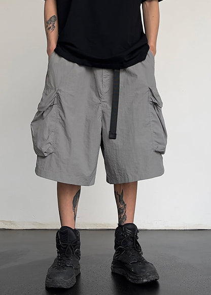 Simple Grey Pockets Drawstring Cotton Shorts Summer