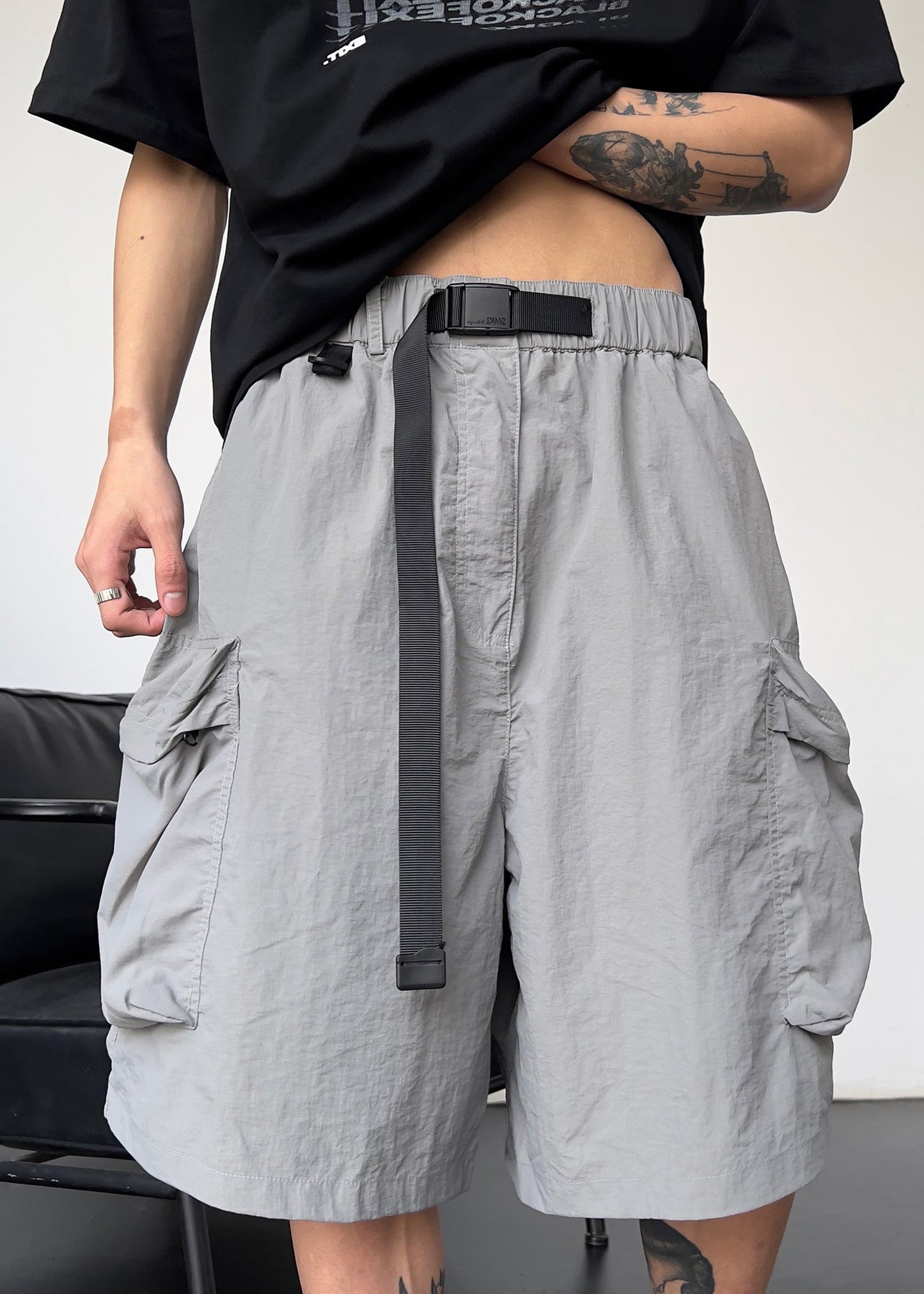 Simple Grey Pockets Drawstring Cotton Shorts Summer