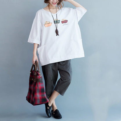 Simple Half Sleeve Pockets Cotton Tops Fabrics White Tunic