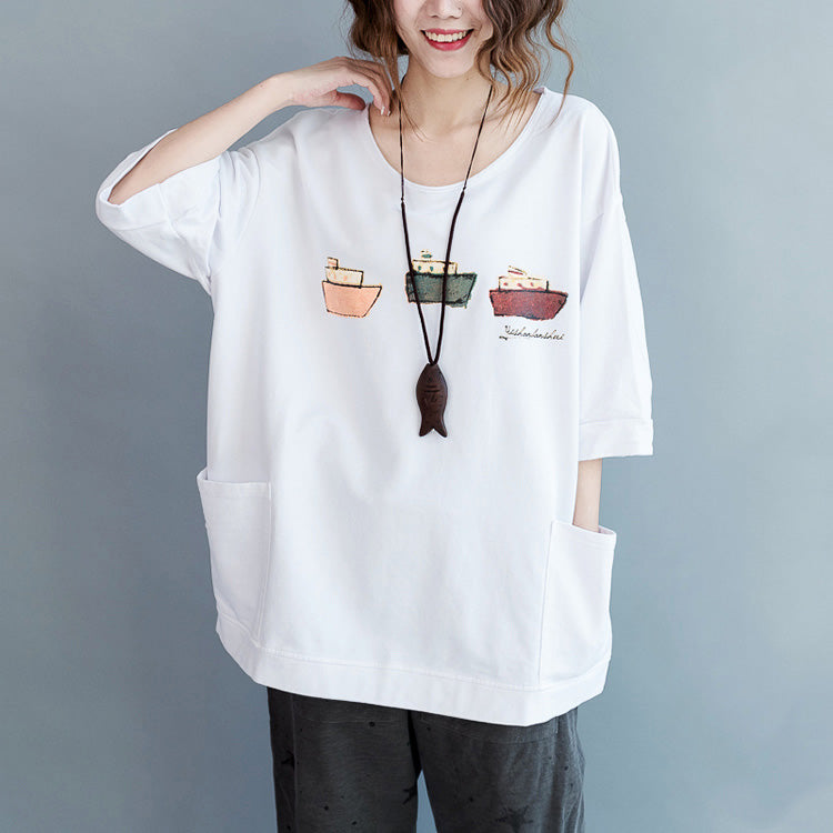 Simple Half Sleeve Pockets Cotton Tops Fabrics White Tunic