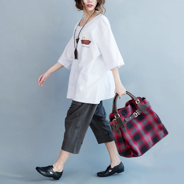 Simple Half Sleeve Pockets Cotton Tops Fabrics White Tunic