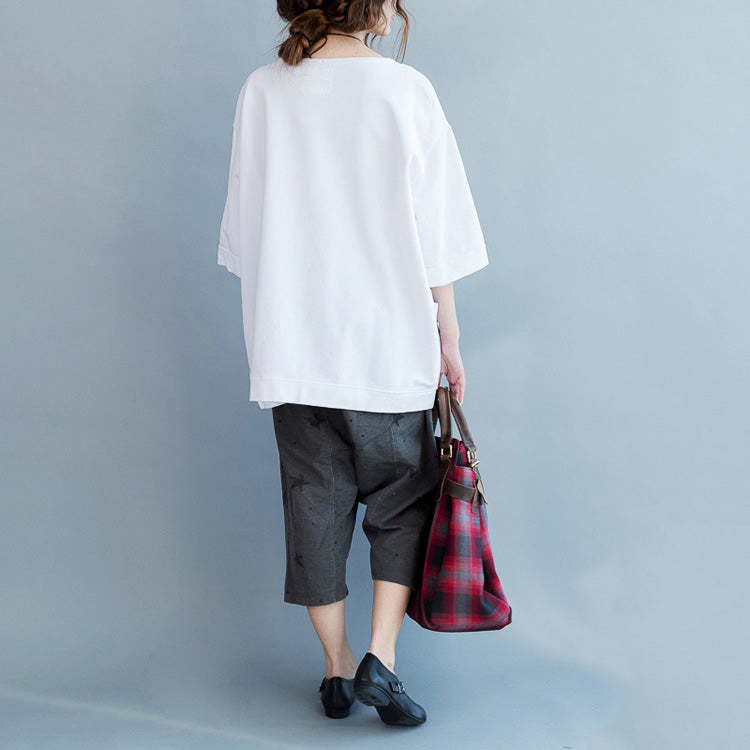 Simple Half Sleeve Pockets Cotton Tops Fabrics White Tunic