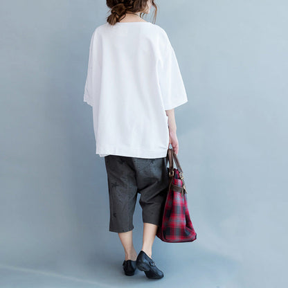 Simple Half Sleeve Pockets Cotton Tops Fabrics White Tunic