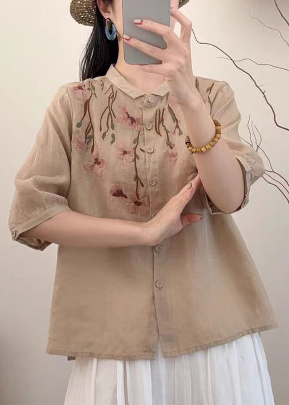 Simple Khaki Embroidered Linen Shirt Summer