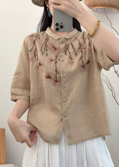 Simple Khaki Embroidered Linen Shirt Summer