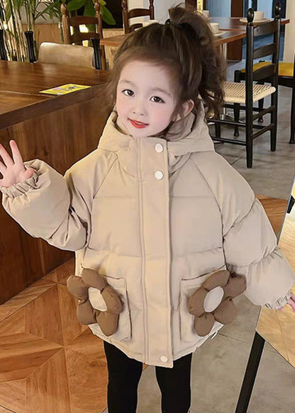 Simple Khaki Hooded Pockets Cotton Filled Coats Long Sleeve