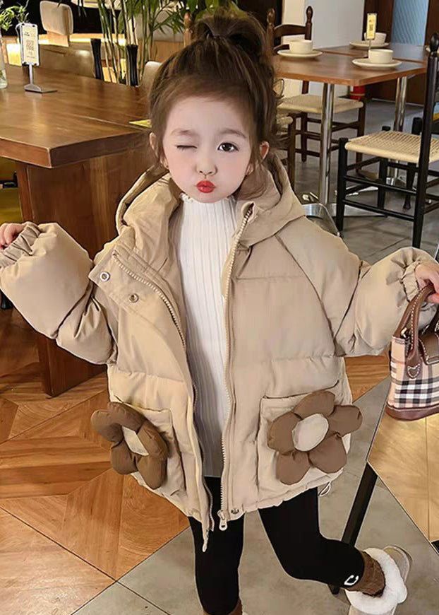 Simple Khaki Hooded Pockets Cotton Filled Coats Long Sleeve