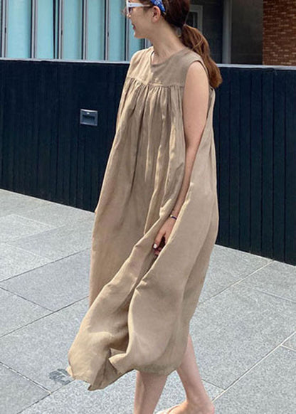 Simple Khaki O-neck Cotton Long Dresses Sleeveless