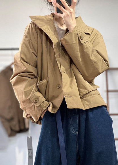 Simple Khaki Peter Pan Collar Oversized Color Fine Cotton Filled Jackets Winter