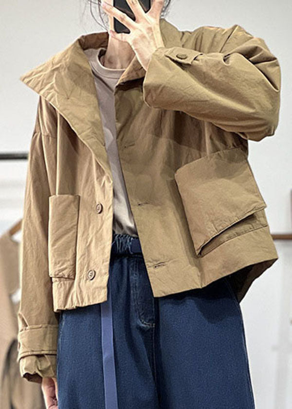 Simple Khaki Peter Pan Collar Oversized Color Fine Cotton Filled Jackets Winter