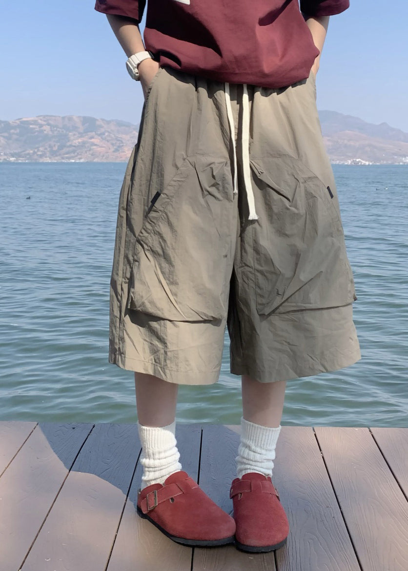 Simple Khaki Pockets Drawstring Crop Pants Summer